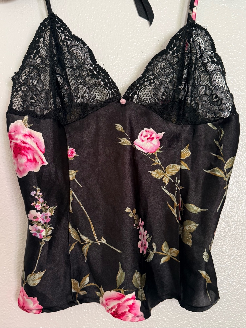 Vintage y2k Satin Camisole Tank Top - Floral Print - Lace Cups - Size Medium